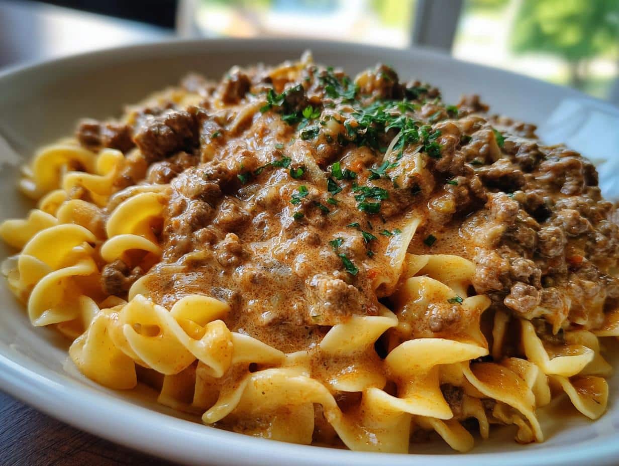 Easy Hamburger Stroganoff with Egg Noodles